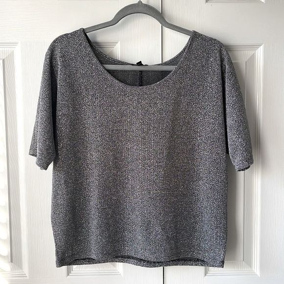 Express Tops - Express Metallic Silver Short Sleeve Scoop Neck Crop Top | Metallic Silver | Med